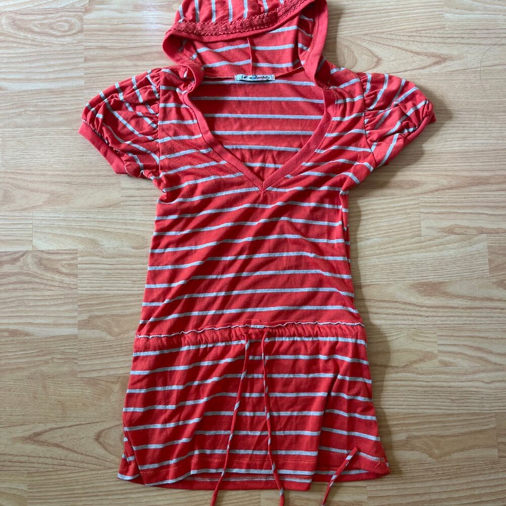 Lovaholic Coral Striped Hooded Dress – Short Sleeve, Drawstring Waist, Women’s S